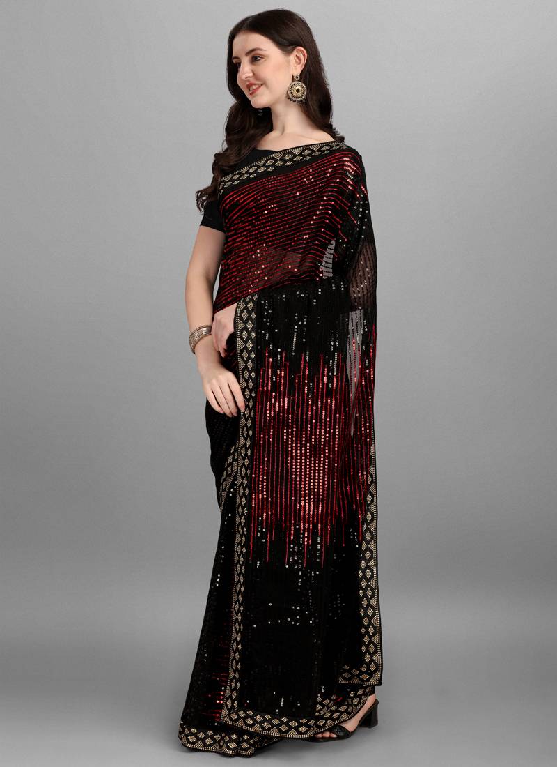 Vegaa Fashion Red Heavy Georgette Sequence Embroidery Saree | Grocsy