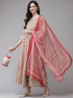 Yufta Women Pink Printed Kurta with Trouser and Dupatta Set | Grocsy