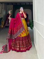 Vastranavya Kashmiri Print With Foil Print Lehenga with Unstitched Printed Blouse - Mustard | Grocsy