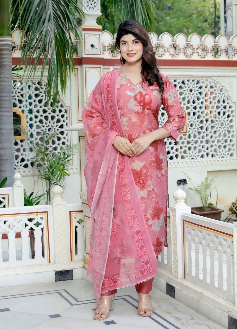 Miravan Women's Muslin Pink V-Neck Embroidered Kurta with Palazzo and Dupatta | Grocsy