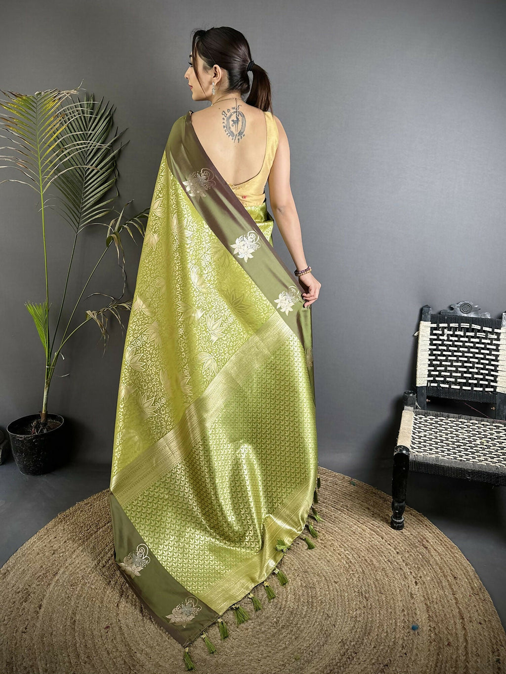 Joban Fashion Dusty Green Intricate Zari Weaving Soft Silk Dharmavaram Saree | Grocsy