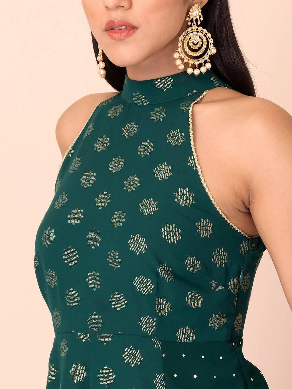 Indya Green Floral Printed Halter Neck Georgette Kurta With Zari Detail | Grocsy