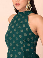 Indya Green Floral Printed Halter Neck Georgette Kurta With Zari Detail | Grocsy