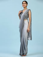Grey Ombre Satin Georgette Plain Ready to wear Saree with stitched Blouse - Vrinda | Grocsy