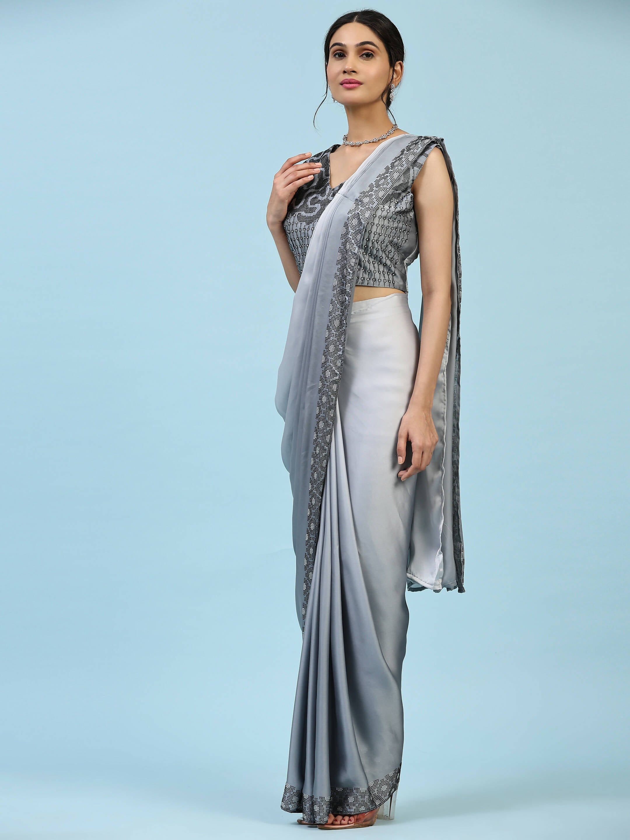 Grey Ombre Satin Georgette Plain Ready to wear Saree with stitched Blouse - Vrinda | Grocsy