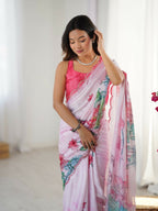Off White Chinon Designer Digital Printed,Mirror Cut Work Saree - Manvika | Grocsy