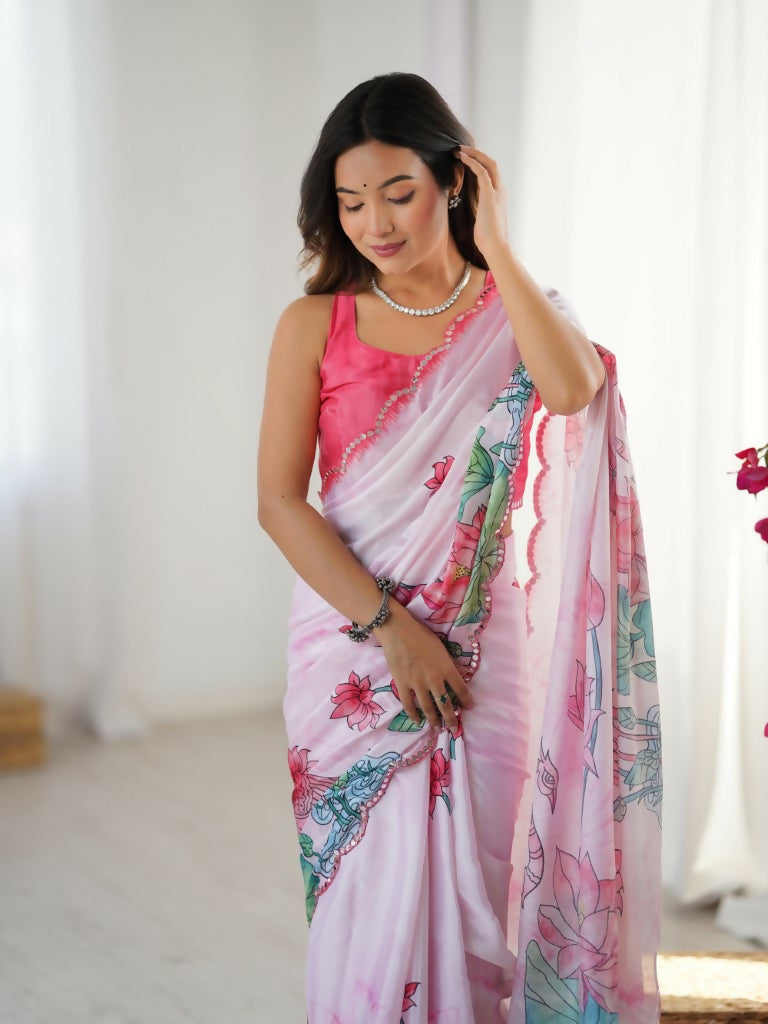 Off White Chinon Designer Digital Printed,Mirror Cut Work Saree - Manvika | Grocsy
