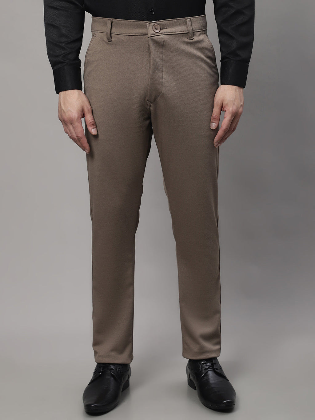 Jainish Men's Dark-Beige Tapered Fit Formal Trousers | Grocsy