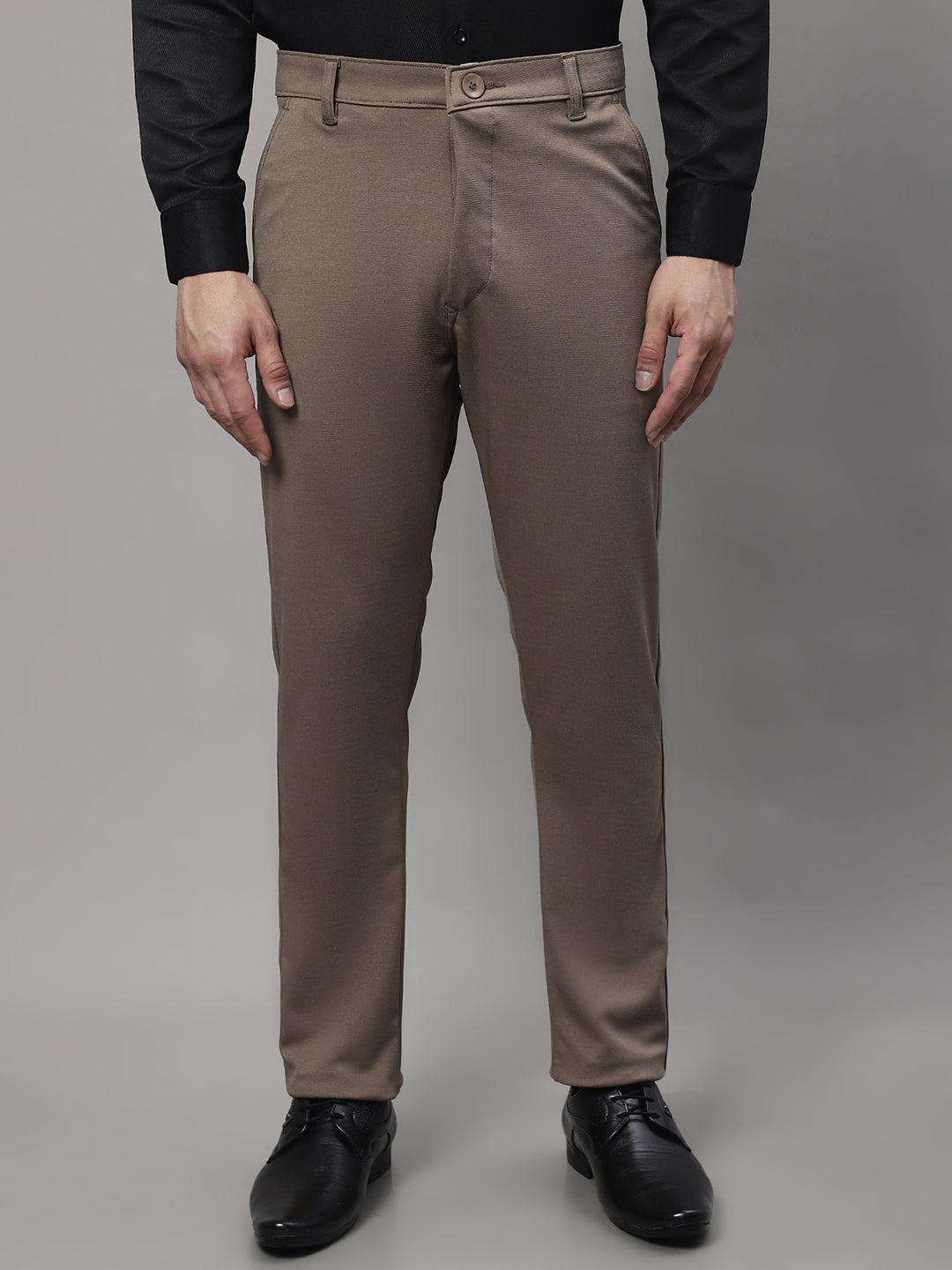 Jainish Men's Dark-Beige Tapered Fit Formal Trousers | Grocsy