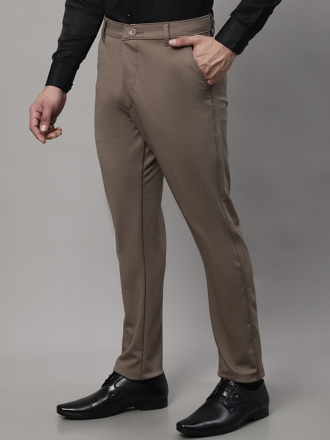 Jainish Men's Dark-Beige Tapered Fit Formal Trousers | Grocsy