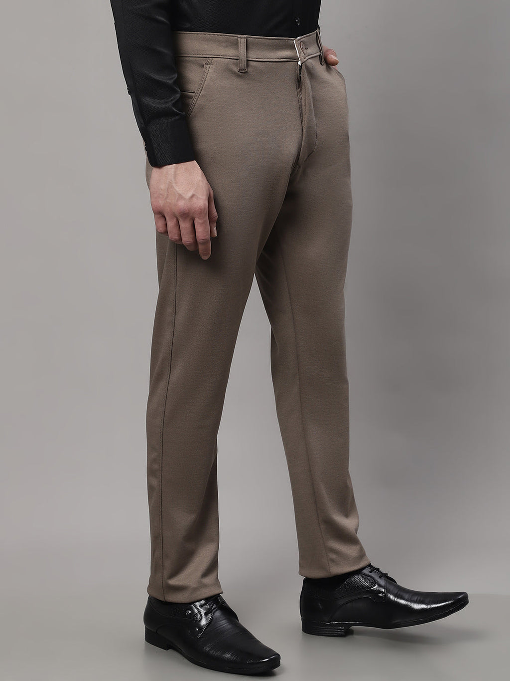 Jainish Men's Dark-Beige Tapered Fit Formal Trousers | Grocsy