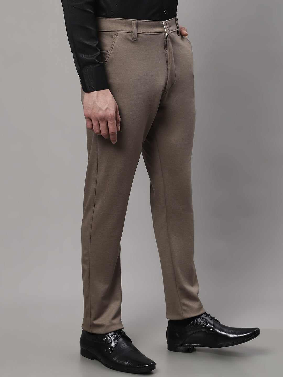 Jainish Men's Dark-Beige Tapered Fit Formal Trousers | Grocsy