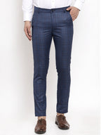 Jainish Men's Navy Cotton Checked Formal Trousers ( GP 259Navy-Blue ) | Grocsy