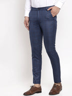 Jainish Men's Navy Cotton Checked Formal Trousers ( GP 259Navy-Blue ) | Grocsy