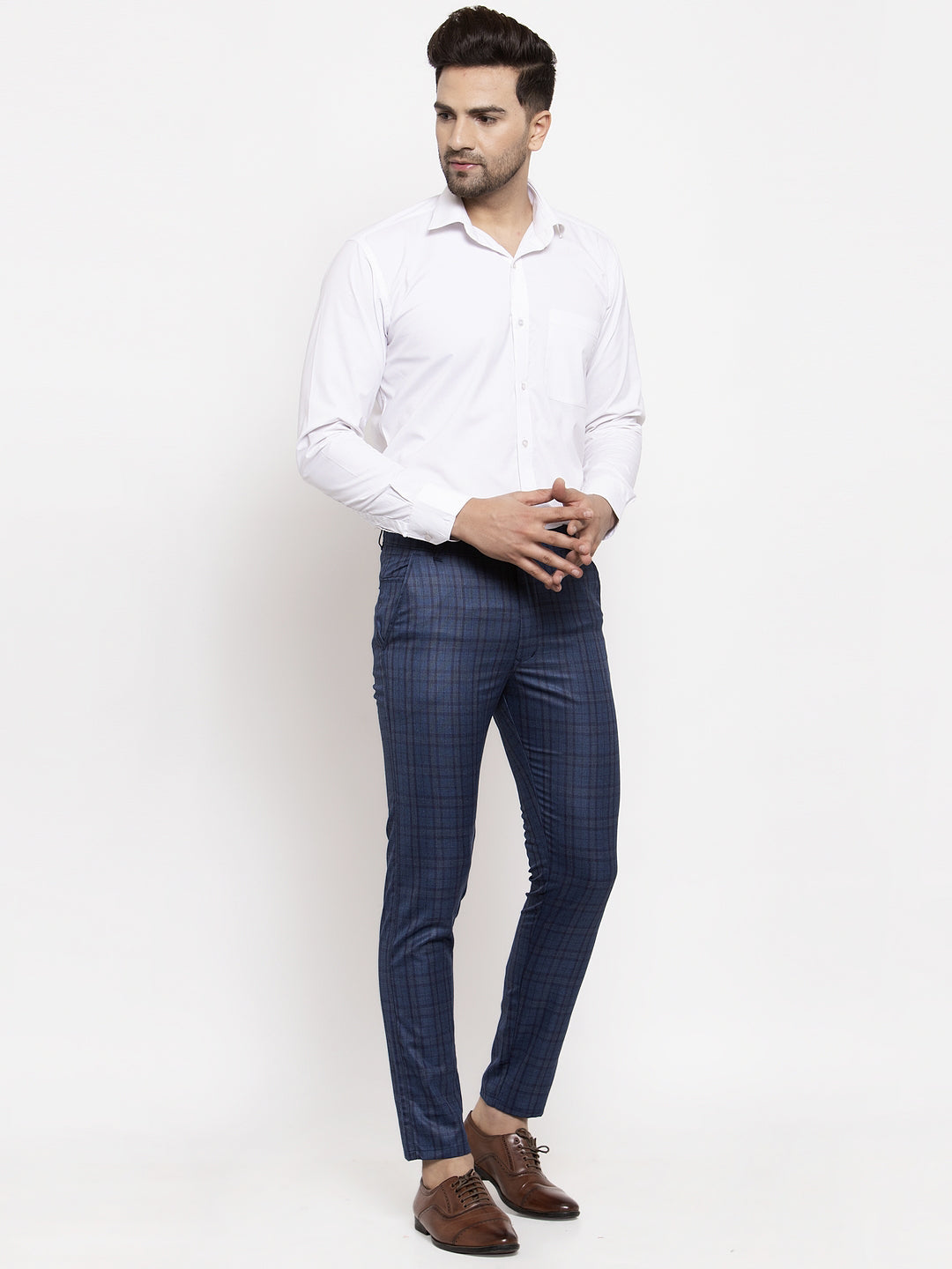 Jainish Men's Navy Cotton Checked Formal Trousers ( GP 259Navy-Blue ) | Grocsy