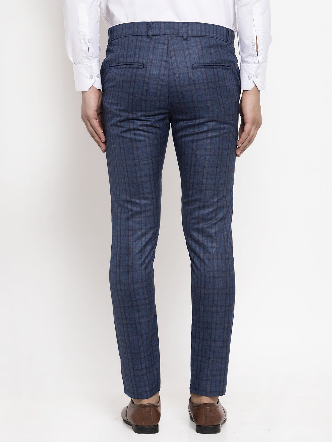 Jainish Men's Navy Cotton Checked Formal Trousers ( GP 259Navy-Blue ) | Grocsy