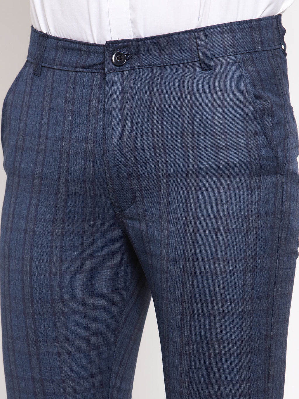 Jainish Men's Navy Cotton Checked Formal Trousers ( GP 259Navy-Blue ) | Grocsy