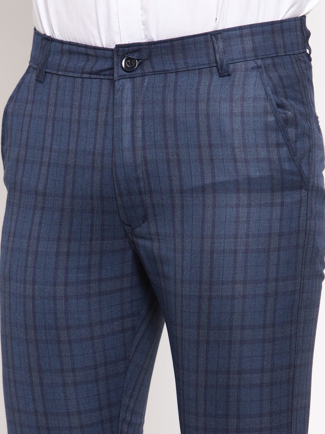 Jainish Men's Navy Cotton Checked Formal Trousers ( GP 259Navy-Blue ) | Grocsy