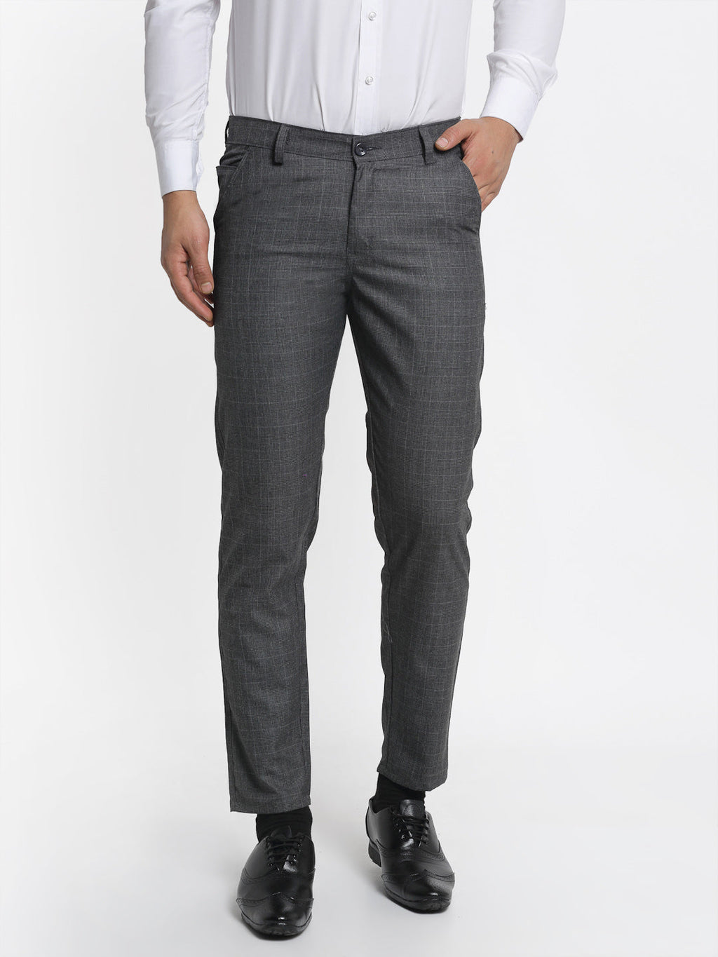 Jainish Men's Charcoal Checked Formal Trousers ( FGP 266Charcoal ) | Grocsy