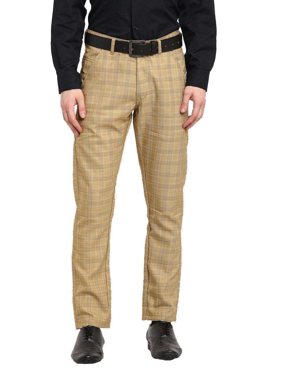Jainish Men's Beige Cotton Checked Formal Trousers ( FGP 267Beige ) | Grocsy
