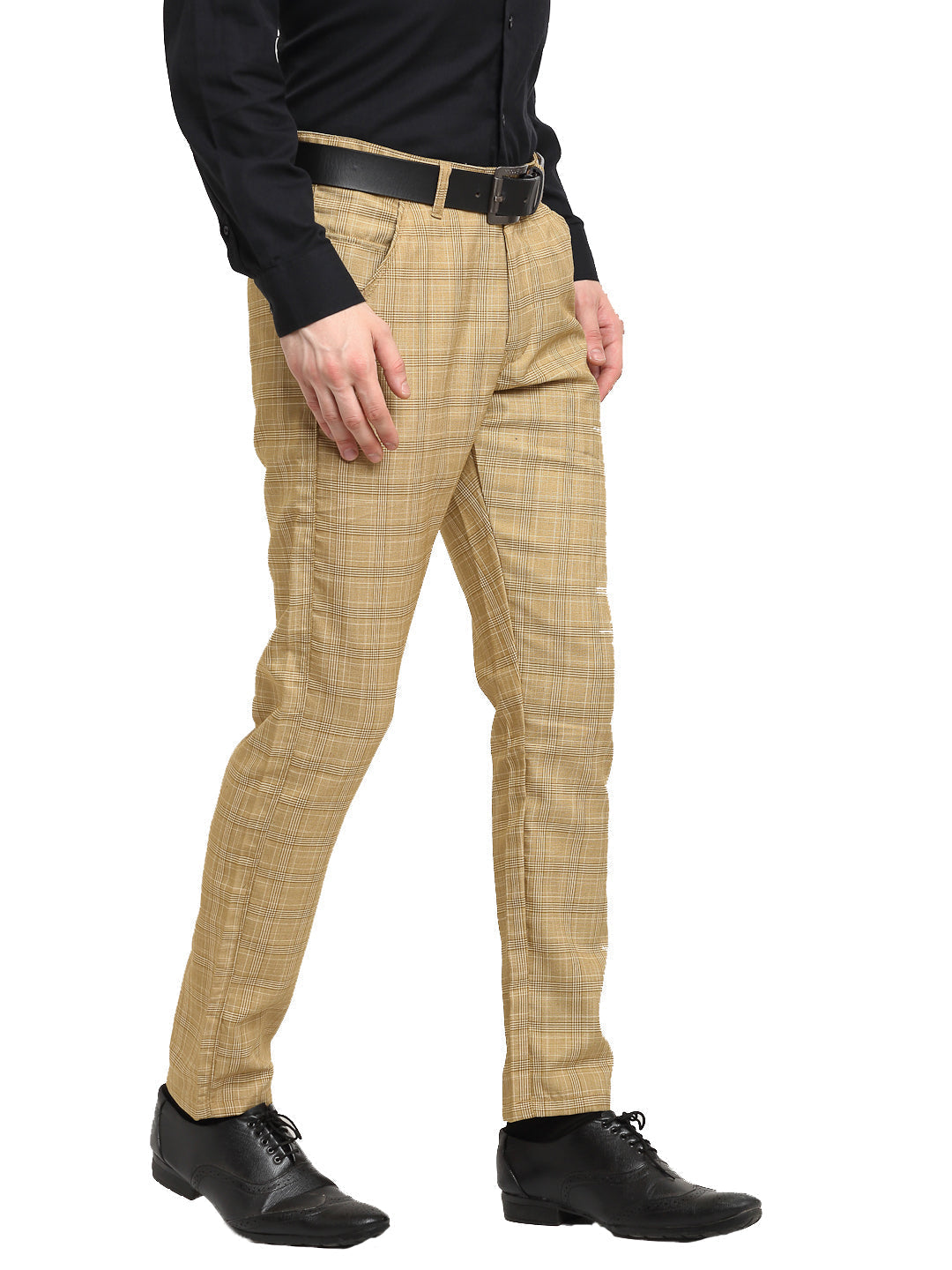 Jainish Men's Beige Cotton Checked Formal Trousers ( FGP 267Beige ) | Grocsy