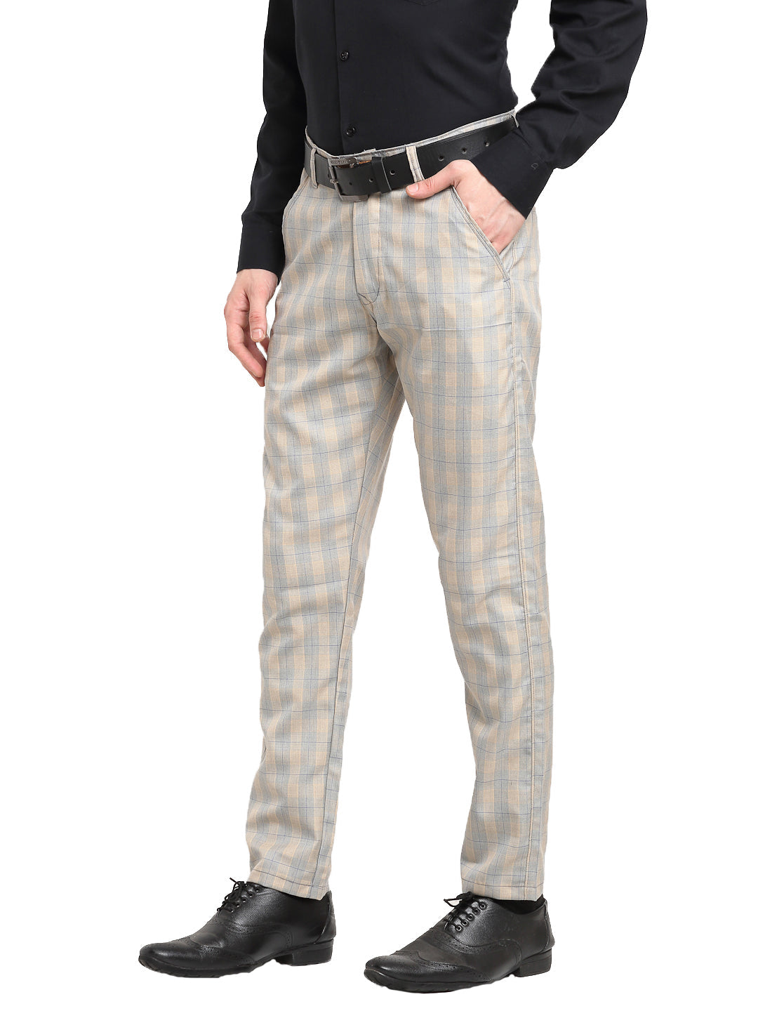 Jainish Men's Blue Cotton Checked Formal Trousers ( FGP 267Blue ) | Grocsy