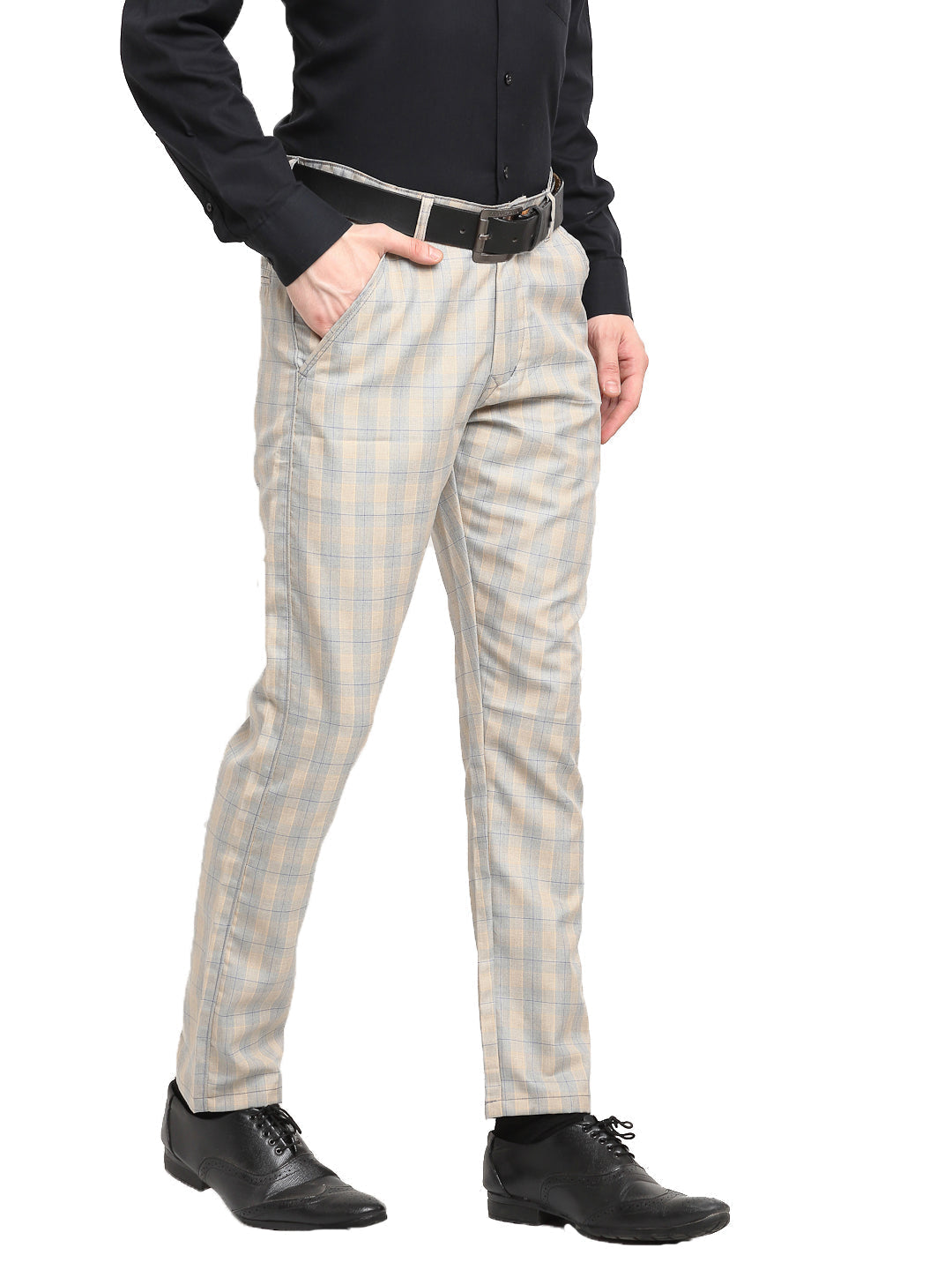 Jainish Men's Blue Cotton Checked Formal Trousers ( FGP 267Blue ) | Grocsy