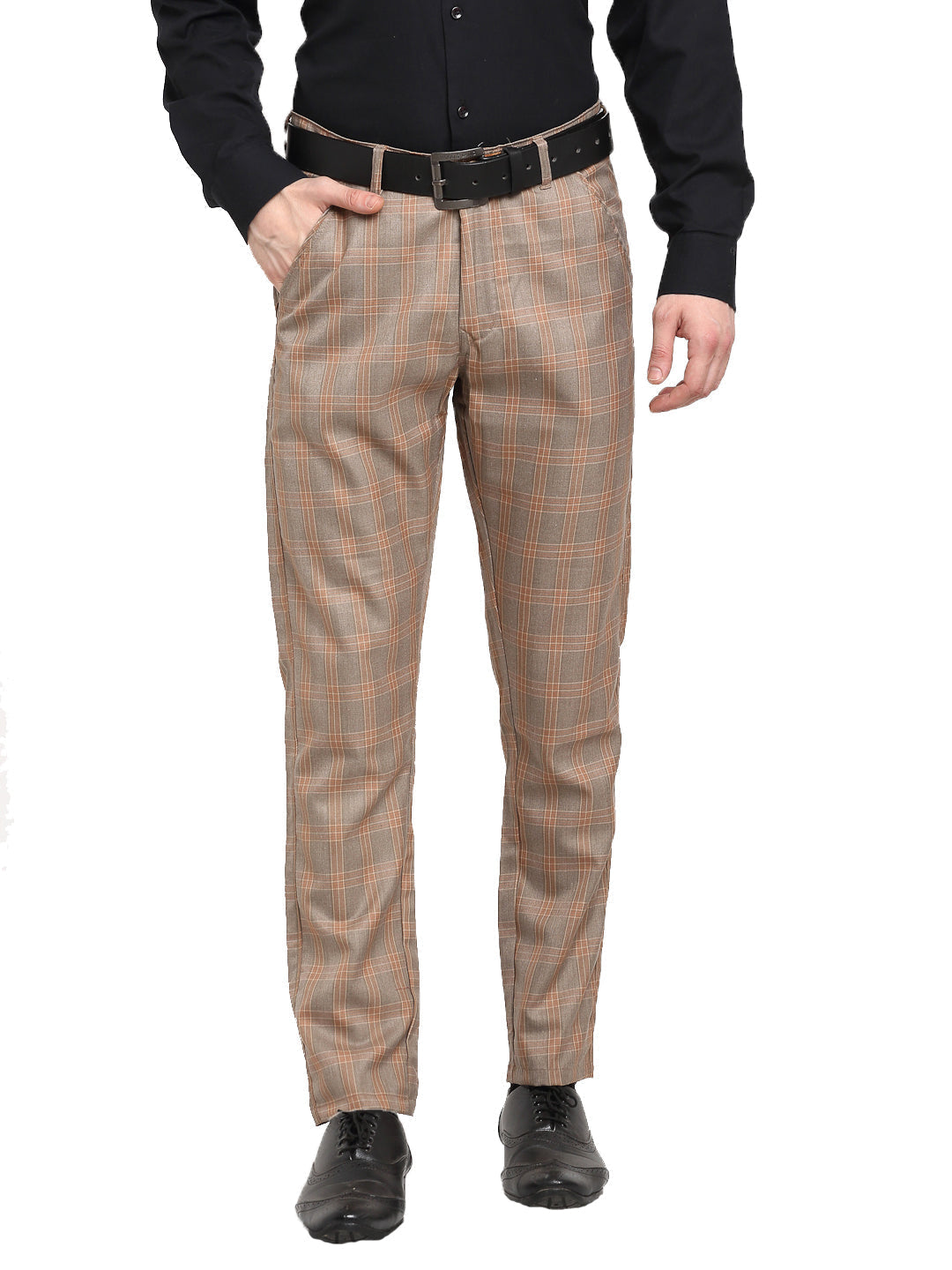Jainish Men's Brown Cotton Checked Formal Trousers ( FGP 267Brown ) | Grocsy