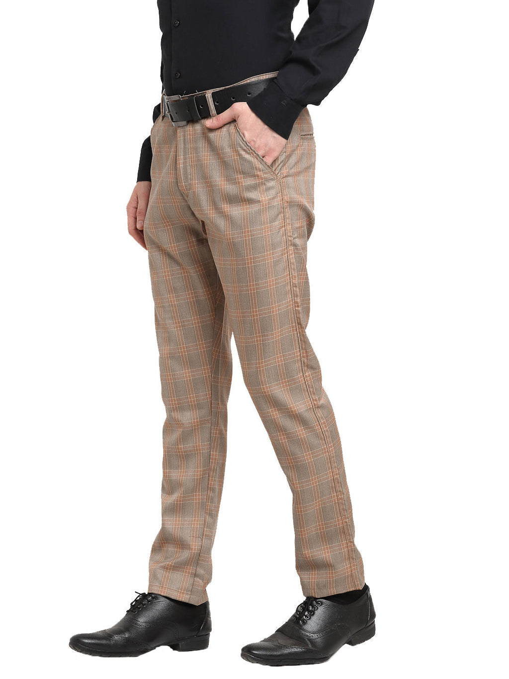 Jainish Men's Brown Cotton Checked Formal Trousers ( FGP 267Brown ) | Grocsy