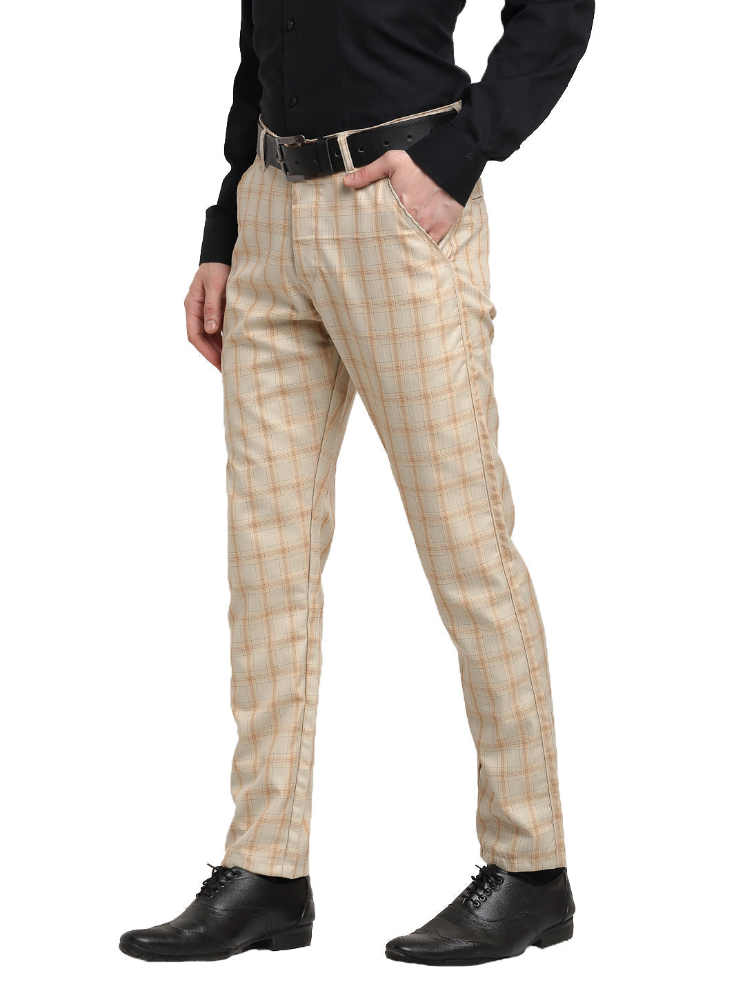 Jainish Men's Cream Cotton Checked Formal Trousers ( FGP 267Cream ) | Grocsy
