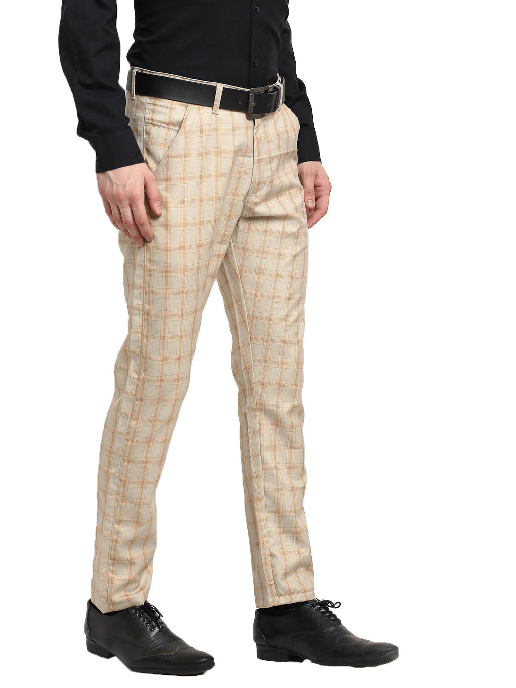 Jainish Men's Cream Cotton Checked Formal Trousers ( FGP 267Cream ) | Grocsy