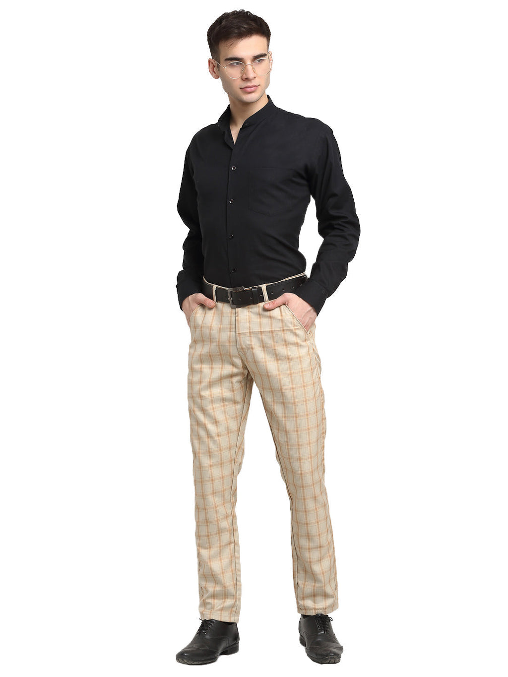 Jainish Men's Cream Cotton Checked Formal Trousers ( FGP 267Cream ) | Grocsy