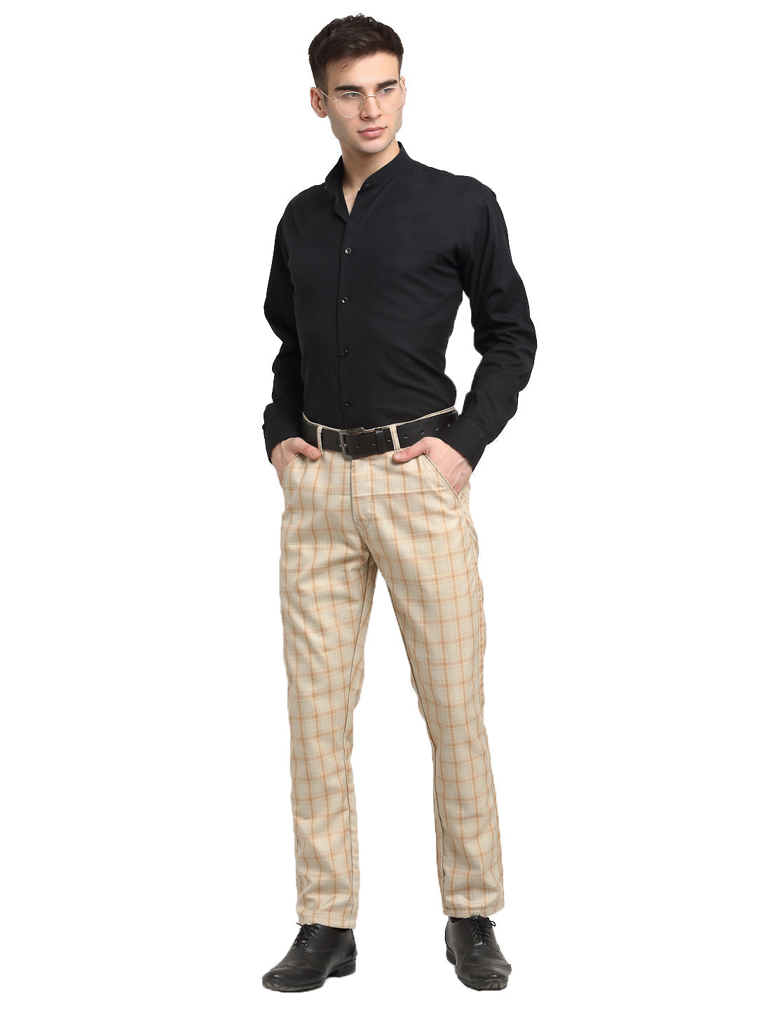 Jainish Men's Cream Cotton Checked Formal Trousers ( FGP 267Cream ) | Grocsy