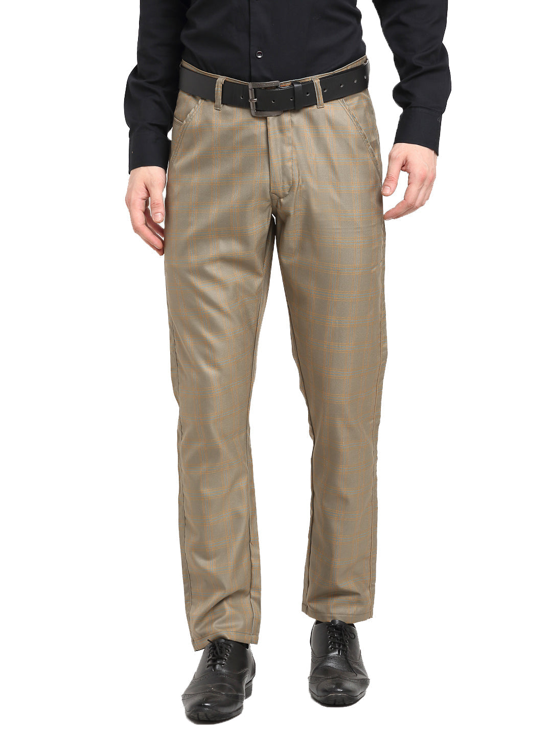 Jainish Men's Brown Cotton Checked Formal Trousers ( FGP 267Dark-Brown ) | Grocsy