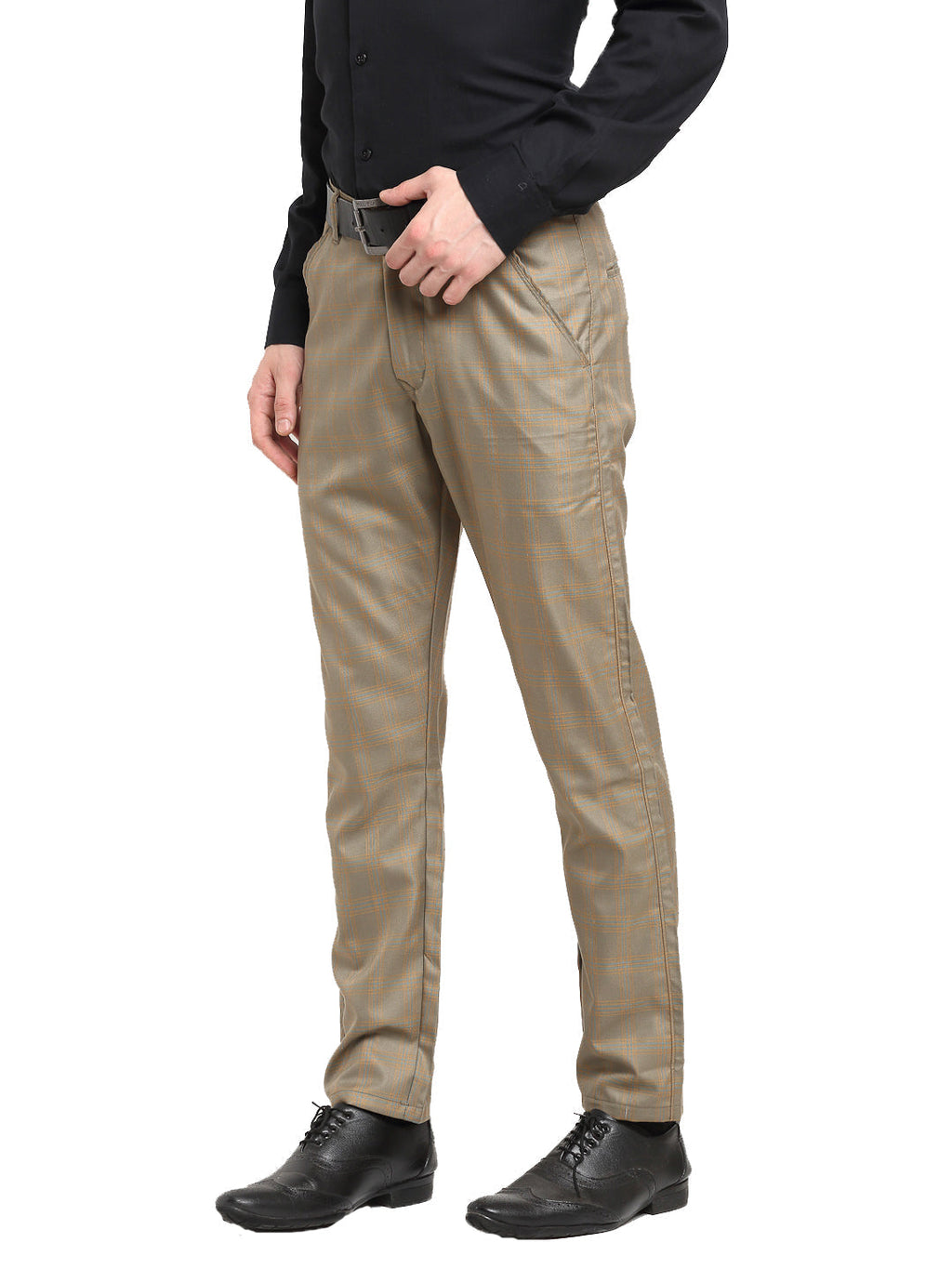 Jainish Men's Brown Cotton Checked Formal Trousers ( FGP 267Dark-Brown ) | Grocsy