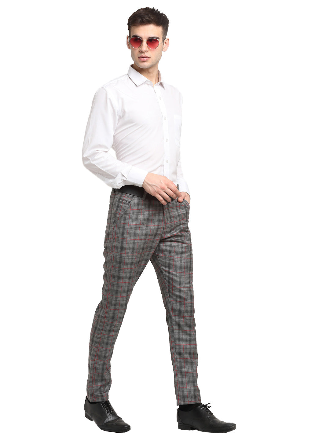 Jainish Men's Grey Cotton Checked Formal Trousers ( FGP 267Grey ) | Grocsy