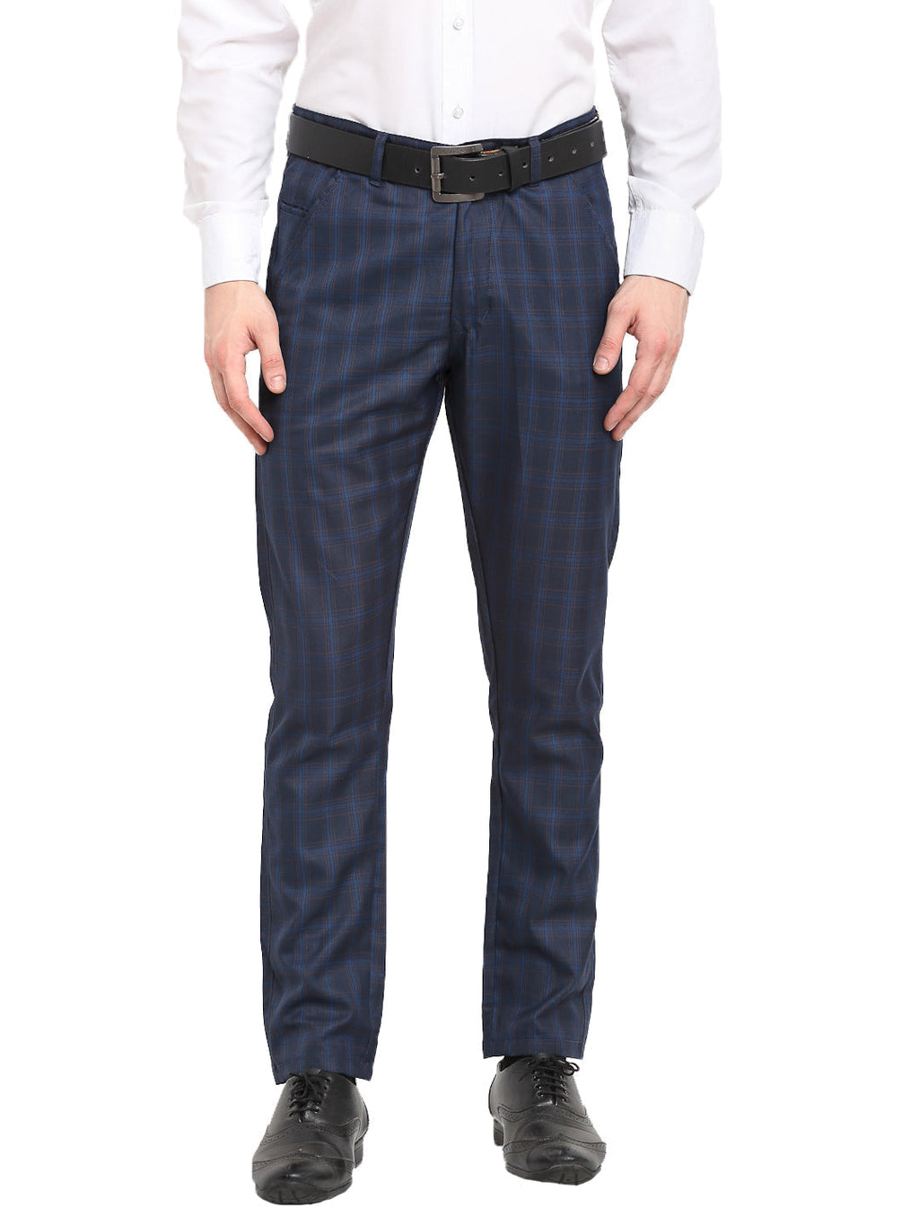 Jainish Men's Navy Blue Cotton Checked Formal Trousers ( FGP 267Navy ) | Grocsy