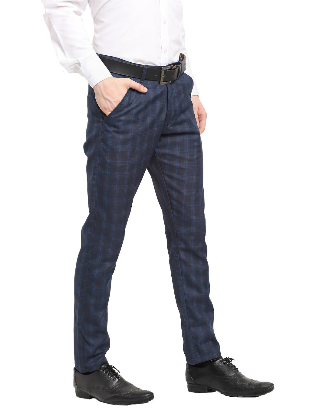 Jainish Men's Navy Blue Cotton Checked Formal Trousers ( FGP 267Navy ) | Grocsy