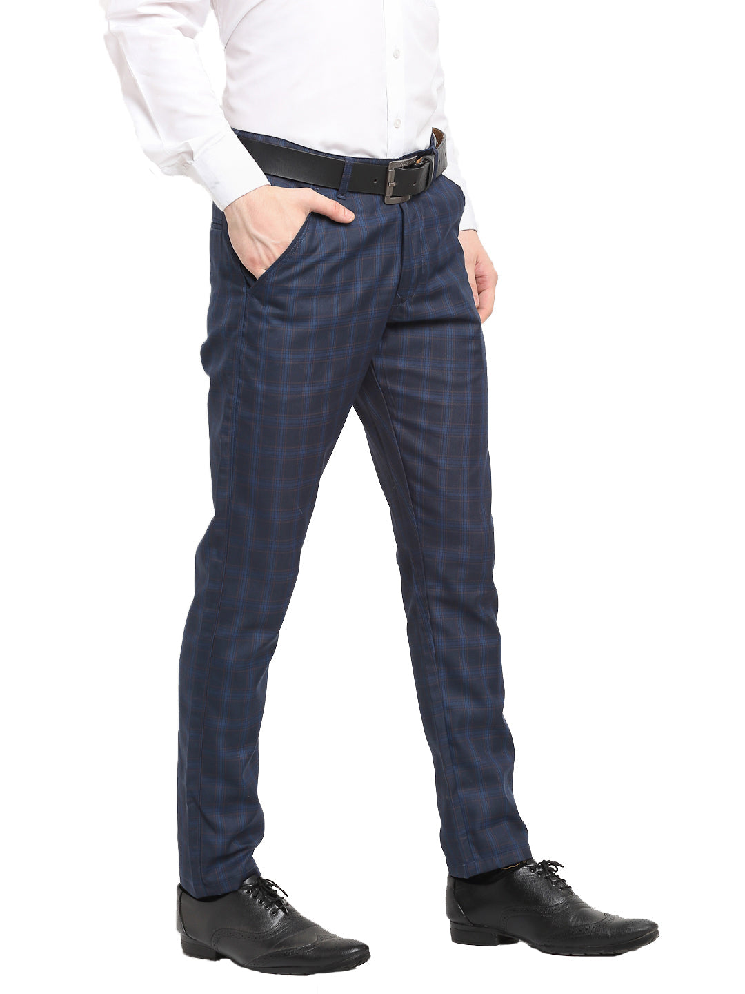 Jainish Men's Navy Blue Cotton Checked Formal Trousers ( FGP 267Navy ) | Grocsy