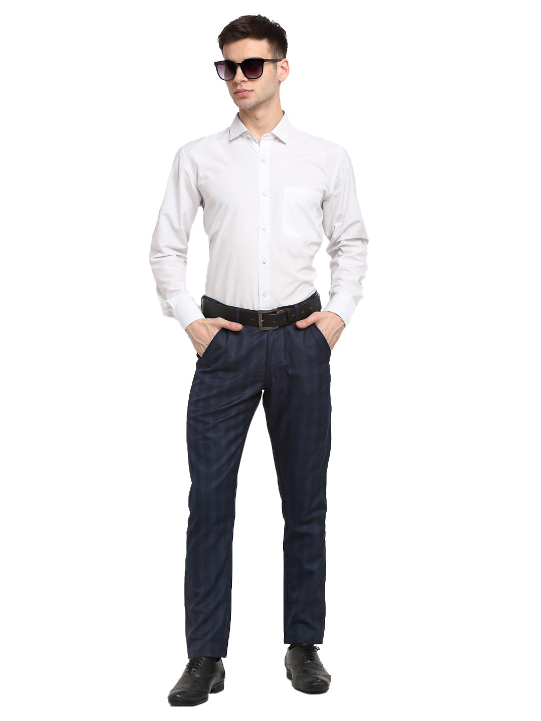 Jainish Men's Navy Blue Cotton Checked Formal Trousers ( FGP 267Navy ) | Grocsy