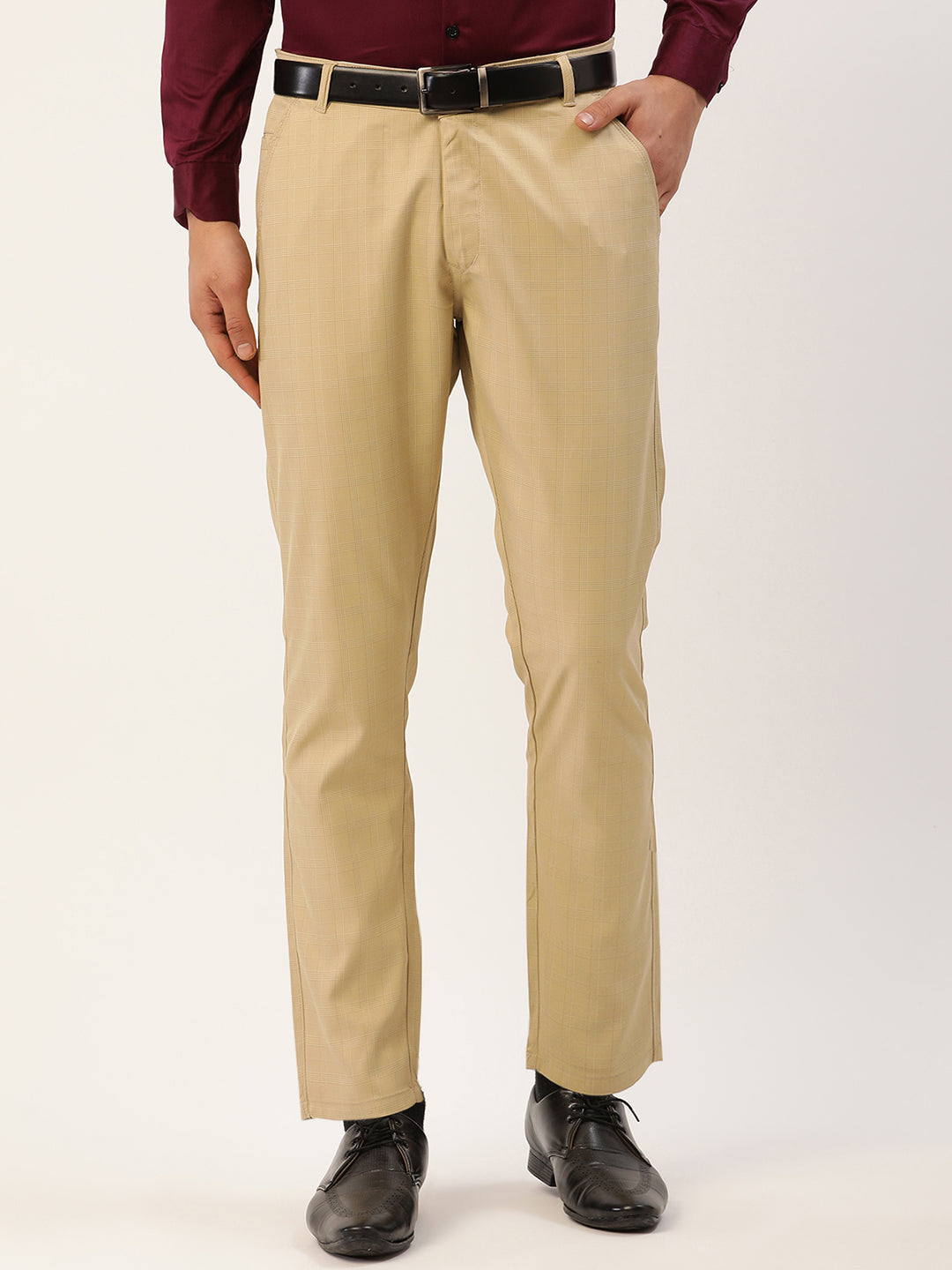 Jainish Men's Beige Checked Formal Trousers ( FGP 270 Beige ) | Grocsy