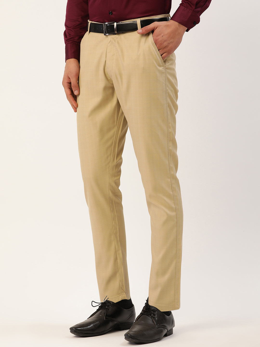 Jainish Men's Beige Checked Formal Trousers ( FGP 270 Beige ) | Grocsy