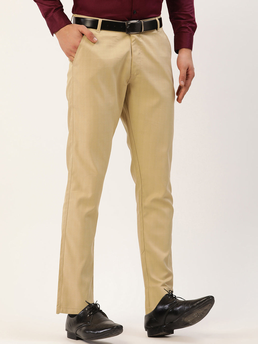 Jainish Men's Beige Checked Formal Trousers ( FGP 270 Beige ) | Grocsy