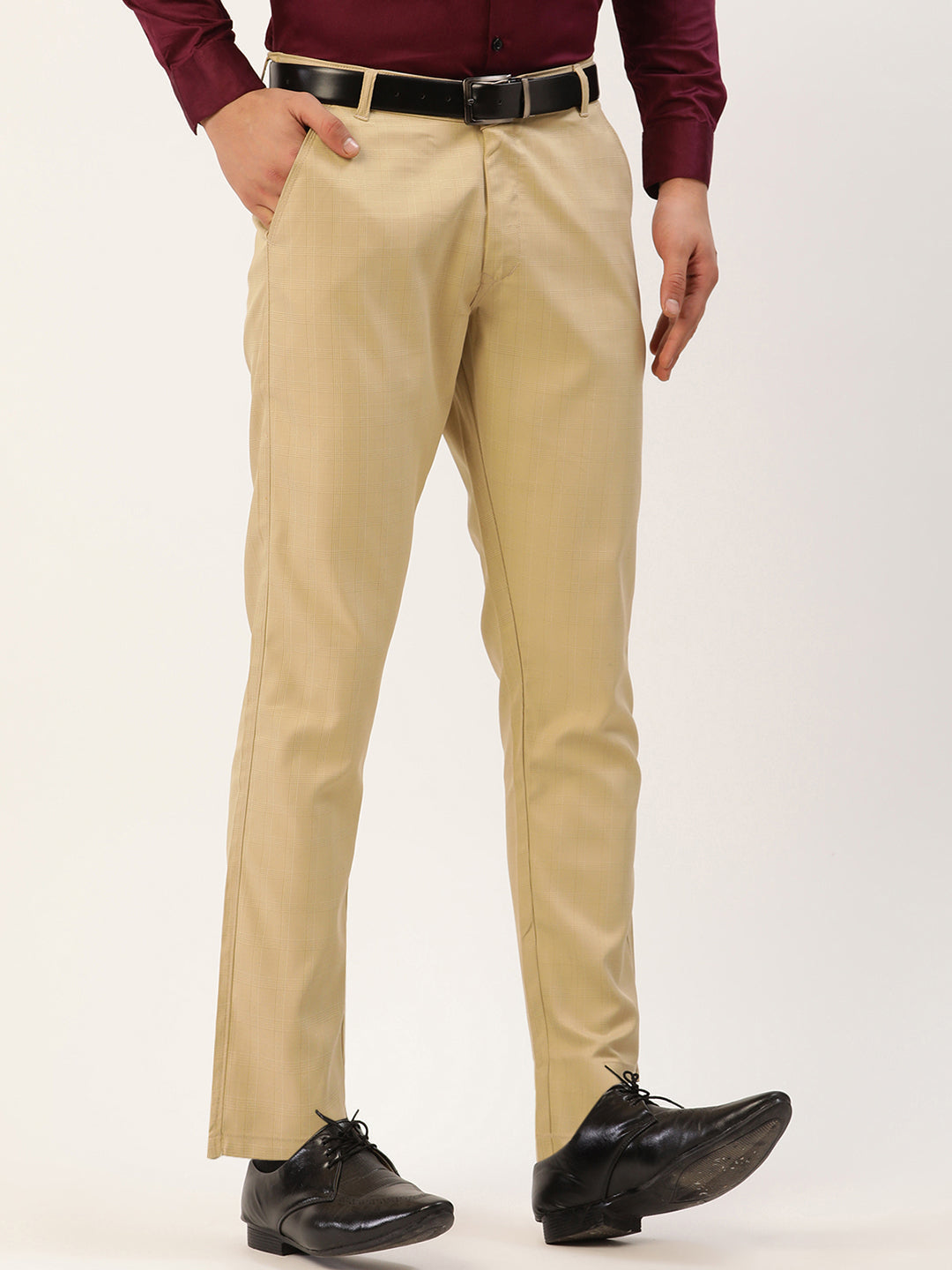Jainish Men's Beige Checked Formal Trousers ( FGP 270 Beige ) | Grocsy