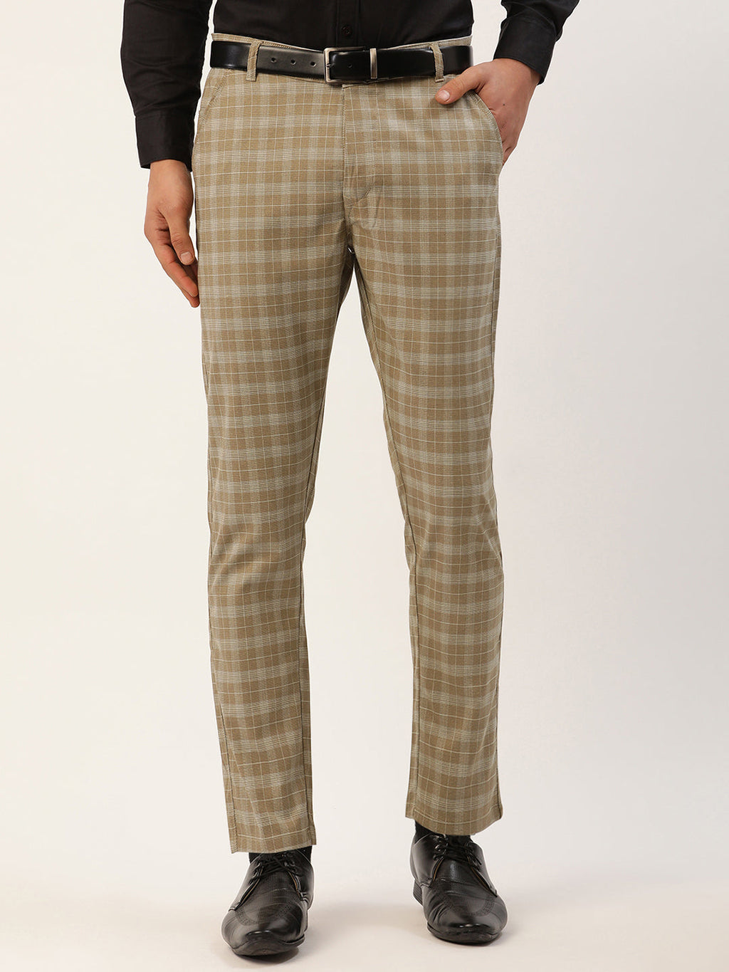 Jainish Men's Beige Tartan Checked Formal Trousers ( FGP 271 Beige ) | Grocsy