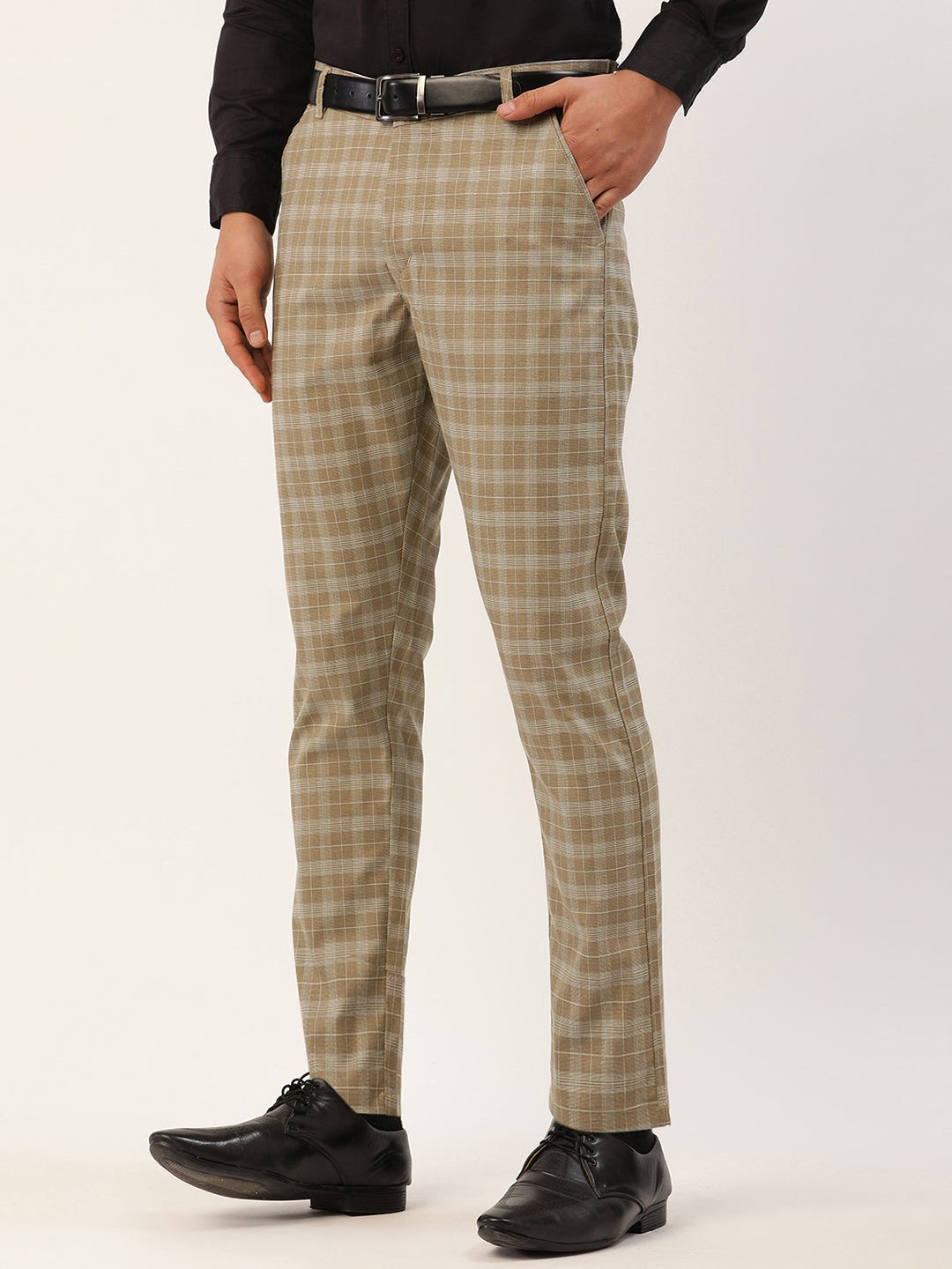 Jainish Men's Beige Tartan Checked Formal Trousers ( FGP 271 Beige ) | Grocsy