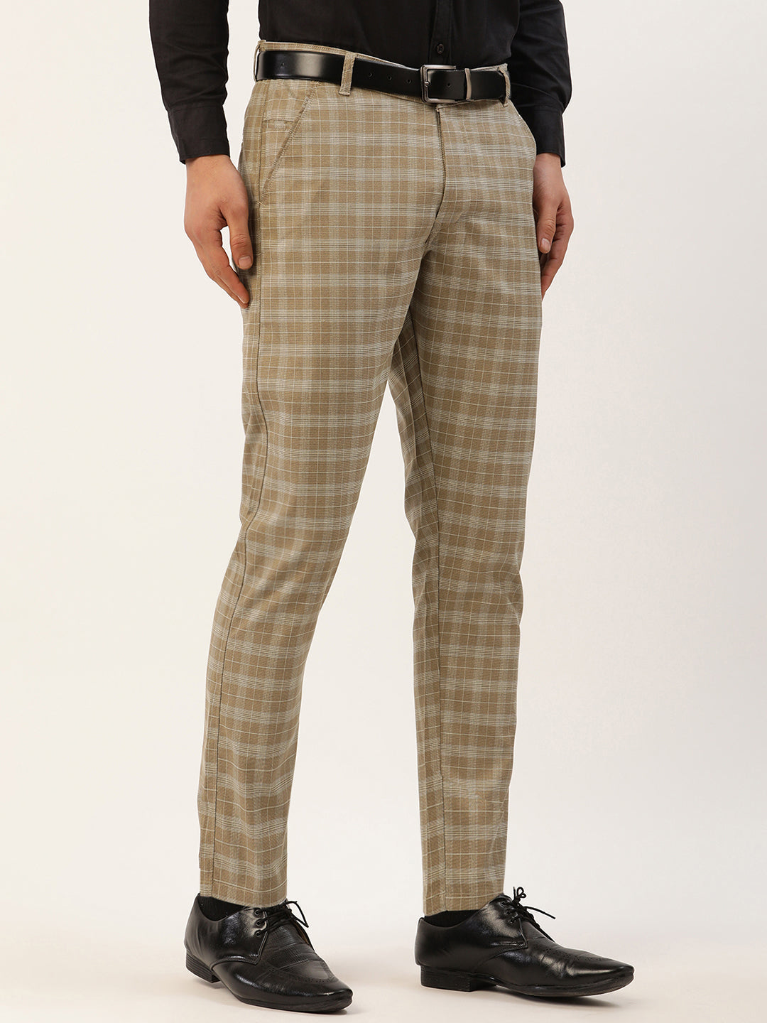 Jainish Men's Beige Tartan Checked Formal Trousers ( FGP 271 Beige ) | Grocsy