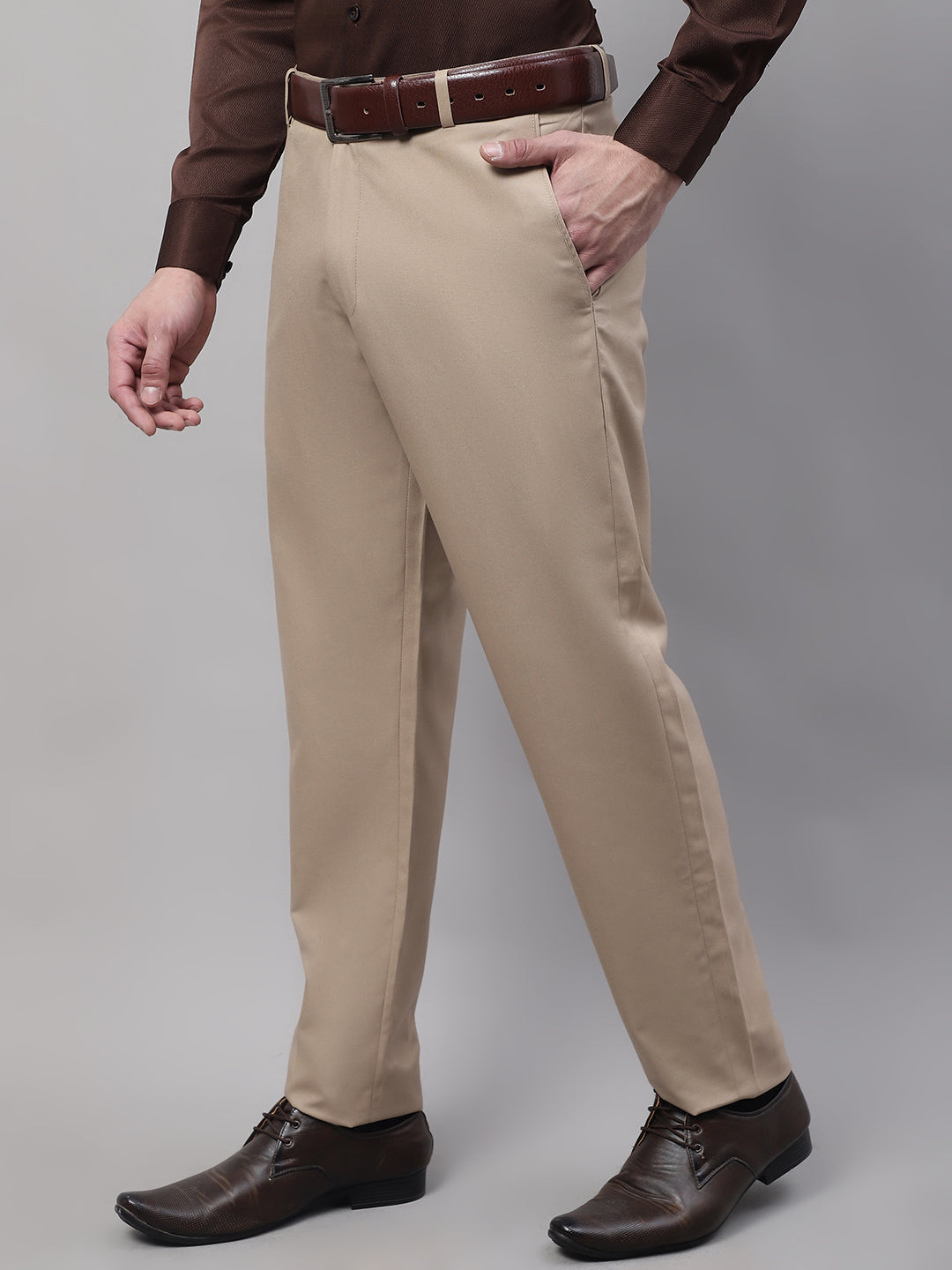Jainish Men's Beige Tapered Fit Formal Trousers | Grocsy