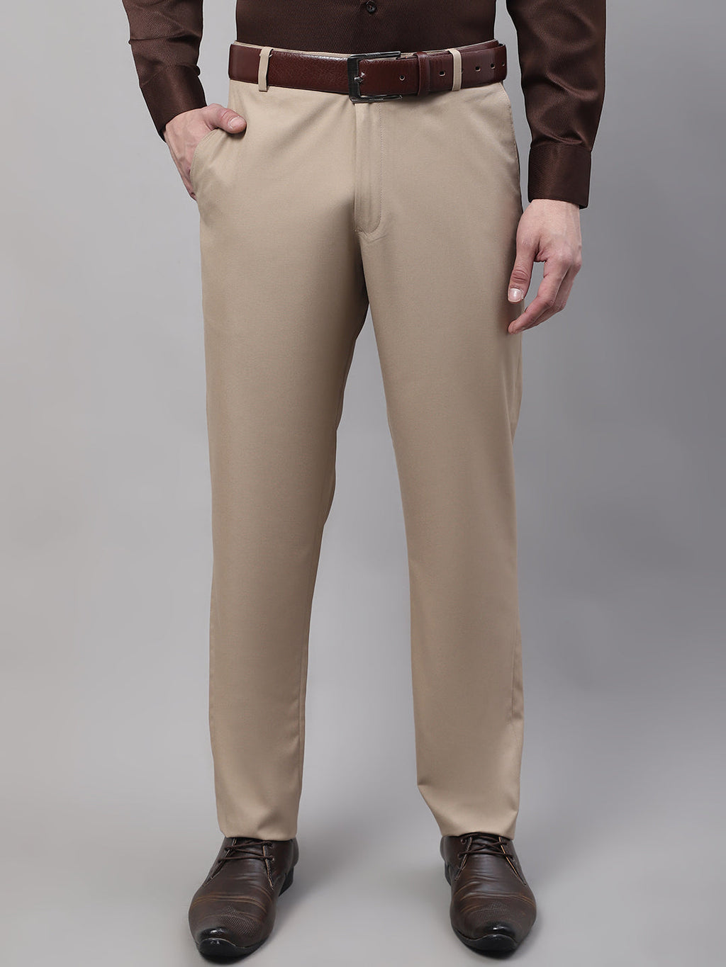 Jainish Men's Beige Tapered Fit Formal Trousers | Grocsy