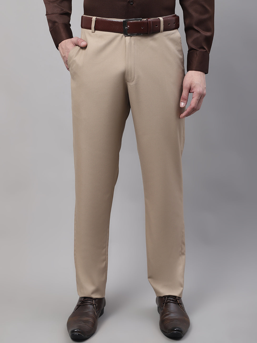 Jainish Men's Beige Tapered Fit Formal Trousers | Grocsy